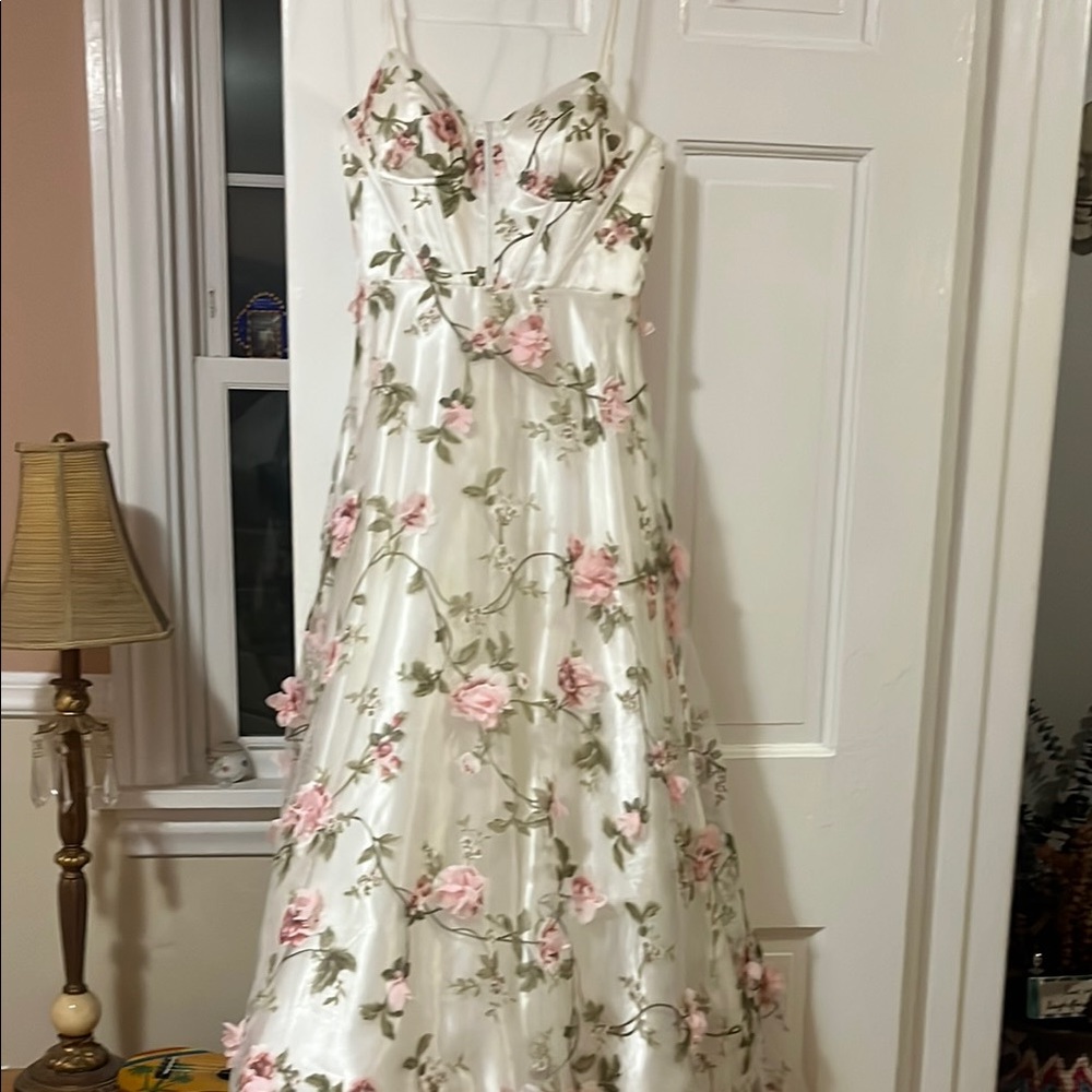 Floral Embroidered White and Pink Dress